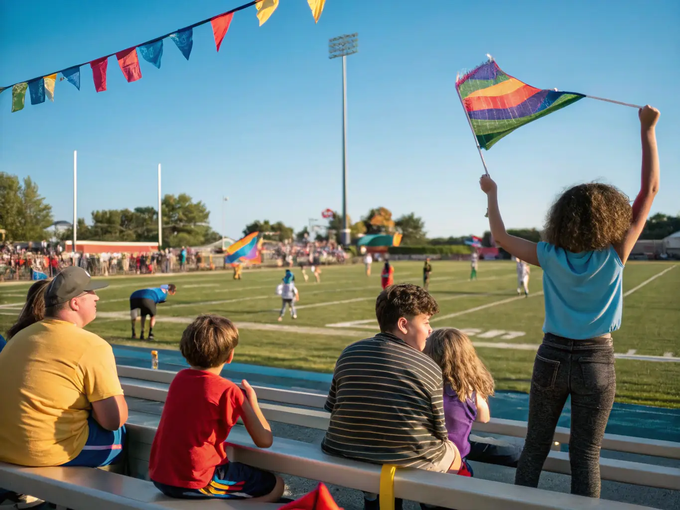 A vibrant image showing a diverse group of club members participating in a community sports event, with families cheering on the sidelines.