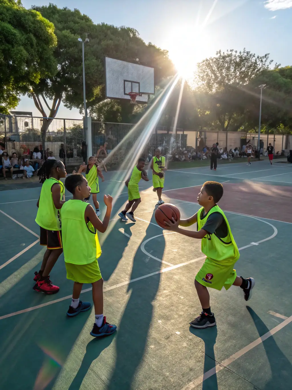 A vibrant image of participants engaged in a basketball game at ALERTE SPORTIVE, emphasizing the fun and competitive spirit.