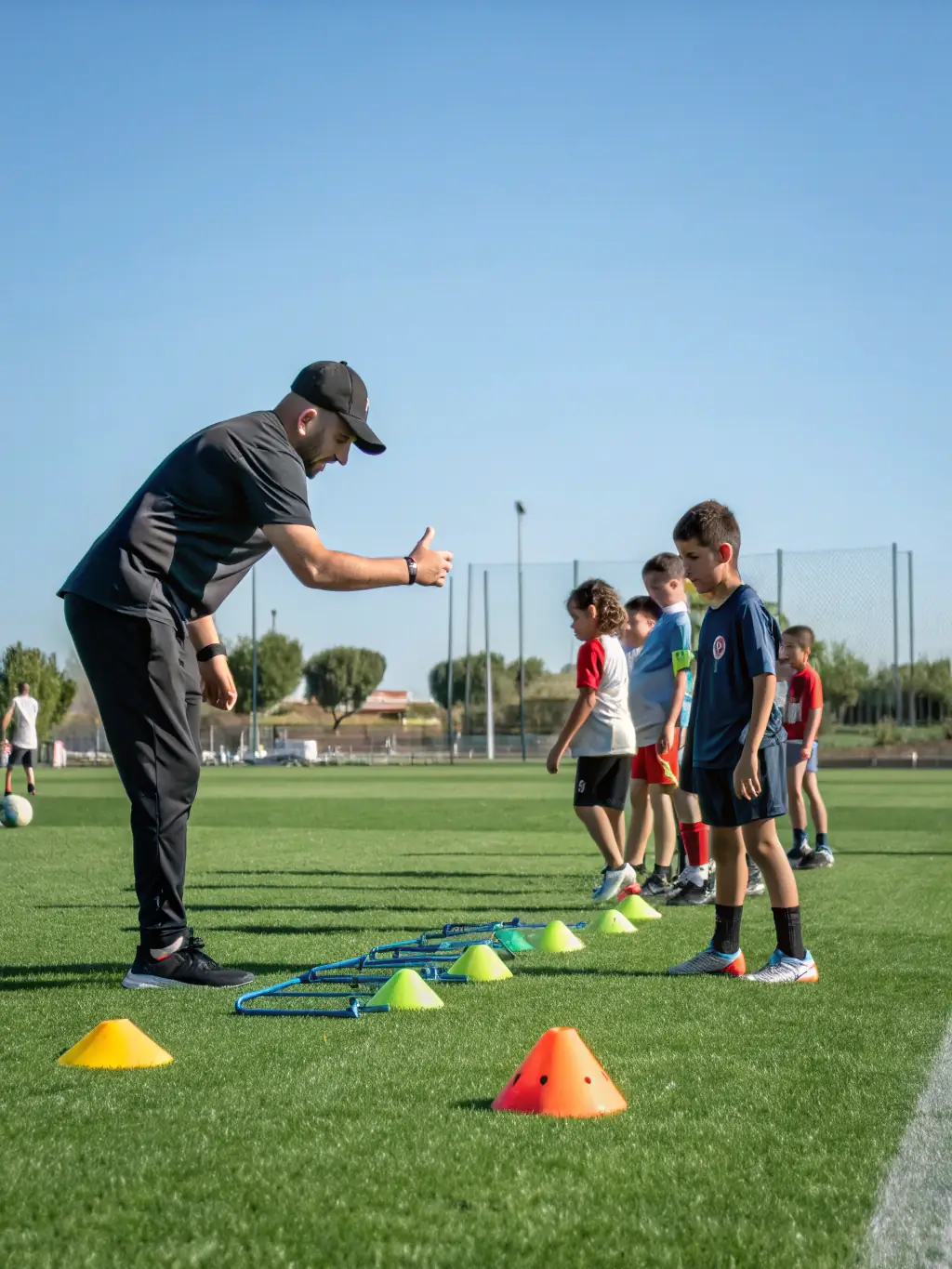 A dynamic action shot of a group participating in a soccer training session at ALERTE SPORTIVE, showcasing teamwork and skill development.