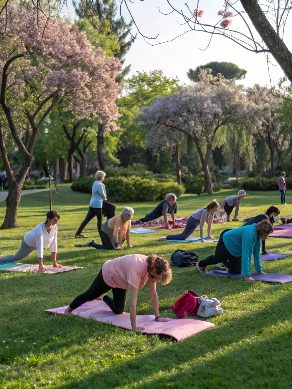 A serene image of participants practicing yoga outdoors, promoting relaxation and mindfulness.