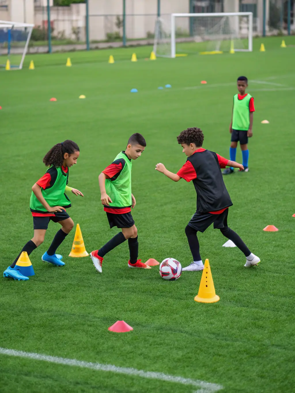 A vibrant image of children participating in a soccer training session, showcasing teamwork and fun.